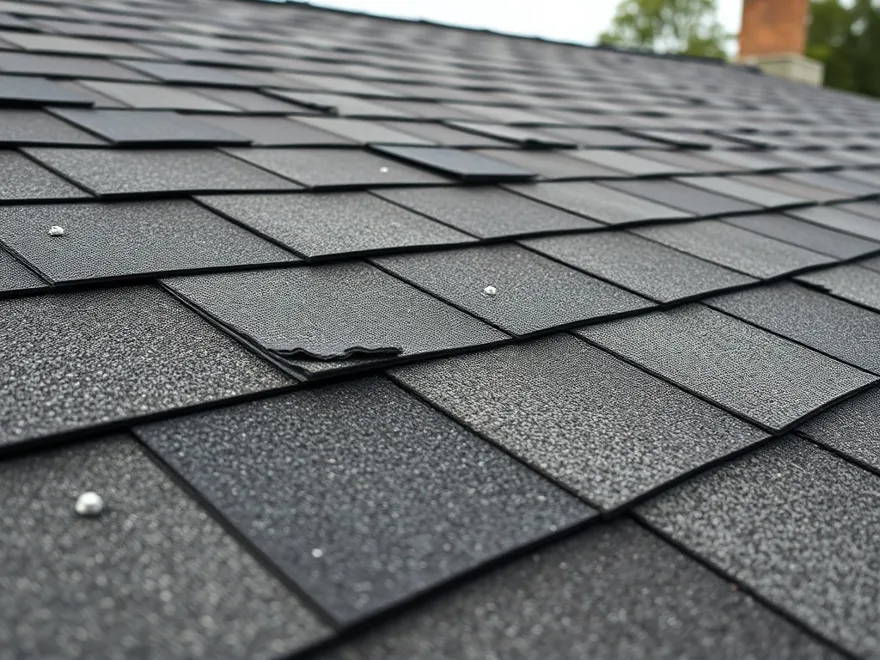 Aged asphalt shingles with several lifted and curling tabs and exposed nail heads on a residential roof